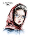 Hand drawn beautiful young woman in red scarf on her head. Stylish elegant girl. Fashion woman look. Sketch.