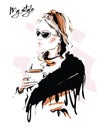 Hand drawn beautiful young woman with scarf. Stylish girl in sunglasses. Fashion woman with cup of tea. Sketch. Royalty Free Stock Photo