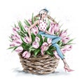 Hand drawn beautiful young woman sitting in flower basket. Fashion woman with bow on her head. Stylish girl. Royalty Free Stock Photo