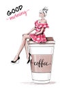 Hand drawn beautiful young woman sitting on large plastic coffee cup. Fashion woman in striped pink dress. Sketch.