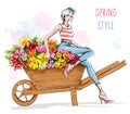 Hand drawn beautiful young woman sitting on old wooden trolley with flowers. Stylish girl in jeans and crop top. Fashion woman.