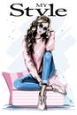 Hand drawn beautiful young woman sitting on soft pillows. Fashion woman in sunglasses. Stylish outfit.