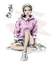 Hand drawn beautiful young woman in sport clothes. Stylish blonde hair girl. Fashion woman look. Sketch.