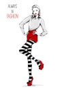 Hand drawn beautiful young woman in striped tights . Fashion woman in red skirt and shoes. Stylish girl.