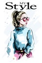 Hand drawn beautiful young woman in sunglasses. Fashion woman look. Stylish pretty blond hair girl.