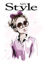 Hand drawn beautiful young woman in sunglasses. Fashion woman with hair bow. Stylish cute girl. Royalty Free Stock Photo