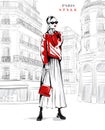 Hand drawn beautiful young woman in sunglasses. Fashion woman in red sweater. Girl in fashion clothes with Paris street background