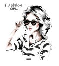 Hand drawn beautiful young woman in sunglasses. Lady in striped shirt. Stylish girl. Fashion woman look. Sketch.