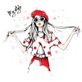 Hand drawn beautiful young woman in sunglasses and red beret. Fashion woman in spotted shirt. Stylish girl holding her long hair.