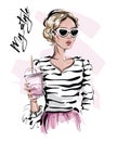 Hand drawn beautiful young woman in sunglasses. Stylish blonde hair girl with drink in her hand. Fashion woman look. Sketch. Royalty Free Stock Photo