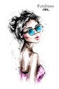 Hand drawn beautiful young woman in sunglasses. Stylish elegant girl with cute hairstyle. Fashion woman portrait. Royalty Free Stock Photo