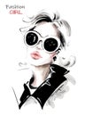 Hand drawn beautiful young woman in sunglasses. Stylish elegant girl. Fashion woman look. Sketch. Royalty Free Stock Photo