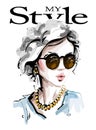 Hand drawn beautiful young woman in sunglasses. Stylish elegant girl. Fashion woman look. Sketch. Royalty Free Stock Photo