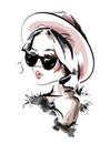 Hand drawn beautiful young woman in sunglasses. Stylish elegant girl. Fashion woman look. Sketch.