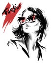 Hand drawn beautiful young woman in sunglasses. Stylish elegant girl. Fashion woman look. Sketch.