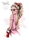 Hand drawn beautiful young woman in sunglasses. Stylish girl with bag. Fashion woman look. Fashion girl with bow on her head.