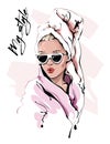 Hand drawn beautiful young woman in sunglasses. Stylish girl with bath towel on her head. Fashion woman look. Sketch. Royalty Free Stock Photo