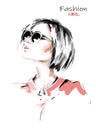 Hand drawn beautiful young woman in sunglasses. Stylish girl with blonde hair. Fashion woman look. Sketch. Royalty Free Stock Photo