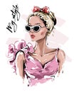 Hand drawn beautiful young woman in sunglasses. Stylish girl with bow on her head. Fashion woman look. Sketch. Royalty Free Stock Photo