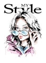 Hand drawn beautiful young woman in sunglasses. Stylish girl. Fashion woman look. Beautiful female face. Sketch.