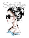 Hand drawn beautiful young woman in sunglasses. Stylish girl. Fashion woman look. Female profile. Sketch. Royalty Free Stock Photo