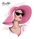 Hand drawn beautiful young woman in sunglasses. Stylish girl in hat. Fashion woman look. Sketch. Royalty Free Stock Photo