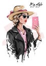 Hand drawn beautiful young woman in sunglasses. Stylish girl in hat. Fashion woman making selfie. Sketch. Royalty Free Stock Photo