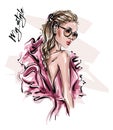 Hand drawn beautiful young woman in sunglasses. Stylish girl in pink dress. Fashion woman look. Sketch.