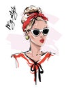 Hand drawn beautiful young woman in sunglasses. Stylish girl with red headband. Fashion woman look. Sketch.