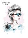 Hand drawn beautiful young woman in sunglasses. Stylish girl with short blonde hair. Fashion woman look. Sketch. Royalty Free Stock Photo