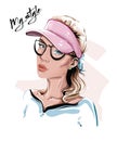 Hand drawn beautiful young woman in tennis cap. Stylish blonde hair girl in eyeglasses. Fashion woman look. Sketch. Royalty Free Stock Photo