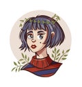 Hand drawn beautiful young woman in wreath. Cute girl with short hair Royalty Free Stock Photo