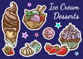 Hand-drawn beautifully Ice Cream dessert icon set. Retro style artwork, vintage food elements isolated. Perfect menu template.