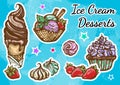 Hand-drawn beautifully Ice Cream dessert icon set. Retro style artwork, vintage food elements isolated. Perfect menu template.