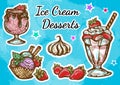 Hand-drawn beautifully Ice Cream dessert icon set. Retro style artwork, vintage food elements isolated. Perfect menu template.