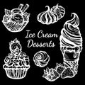 Hand-drawn beautifully Ice Cream desserts collection. Vector graphic icons, vintage food outline elements isolated.