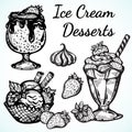 Hand-drawn beautifully Ice Cream desserts collection. Vector graphic icons, vintage food outline elements isolated.