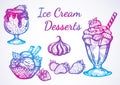 Hand-drawn beautifully Ice Cream desserts collection. Vector graphic icons, vintage food outline elements isolated.