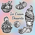 Hand-drawn beautifully Ice Cream desserts collection. Vector graphic icons, vintage food outline elements isolated.