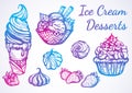 Hand-drawn beautifully Ice Cream desserts collection. Vector graphic icons, vintage food outline elements isolated.