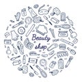 Beauty cosmetics and make up doodle icons in a circle. Hand drawn vector fashion sketch items for shop. Lipstick