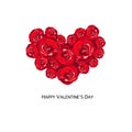 Hand drawn beauty red roses heart. Happy Valentine`s Day greeting card