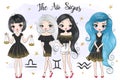 Hand drawn beaytiful cute little aquarius, libra, gemini air zodiac girl..