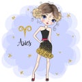 Hand drawn beaytiful cute little aries zodiac girl. Royalty Free Stock Photo