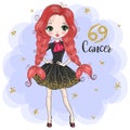 Hand drawn beaytiful cute little cancer zodiac girl. Royalty Free Stock Photo