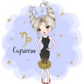 Hand drawn beaytiful cute little capricorn zodiac girl.