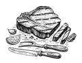 Hand drawn beef steak grilled in sketch style. Roast meat, grill food, barbecue. Vintage vector illustration