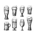 Hand drawn beer glasses. Vintage ink drawing of pub glasses with beer and bubble foam on top. Vector beverage set