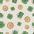 Hand Drawn Beer Mug, Leprechaun Golden Coins and Green Lucky Shamrock Vector Seamless Background Pattern. Saint Patrick