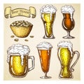 Hand drawn beer with snack isolated on grunge backdrop. various types of beer glasses set in vintage style. Beer mugs Royalty Free Stock Photo
